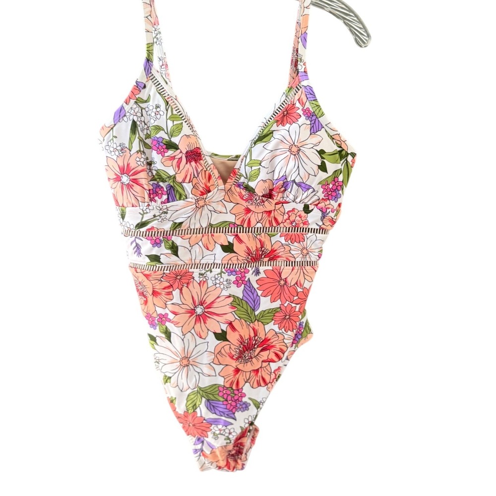 Kona Sol Womens Floral One Piece Swimsuit Multicolor V-Neck Ladder Stitch Medium